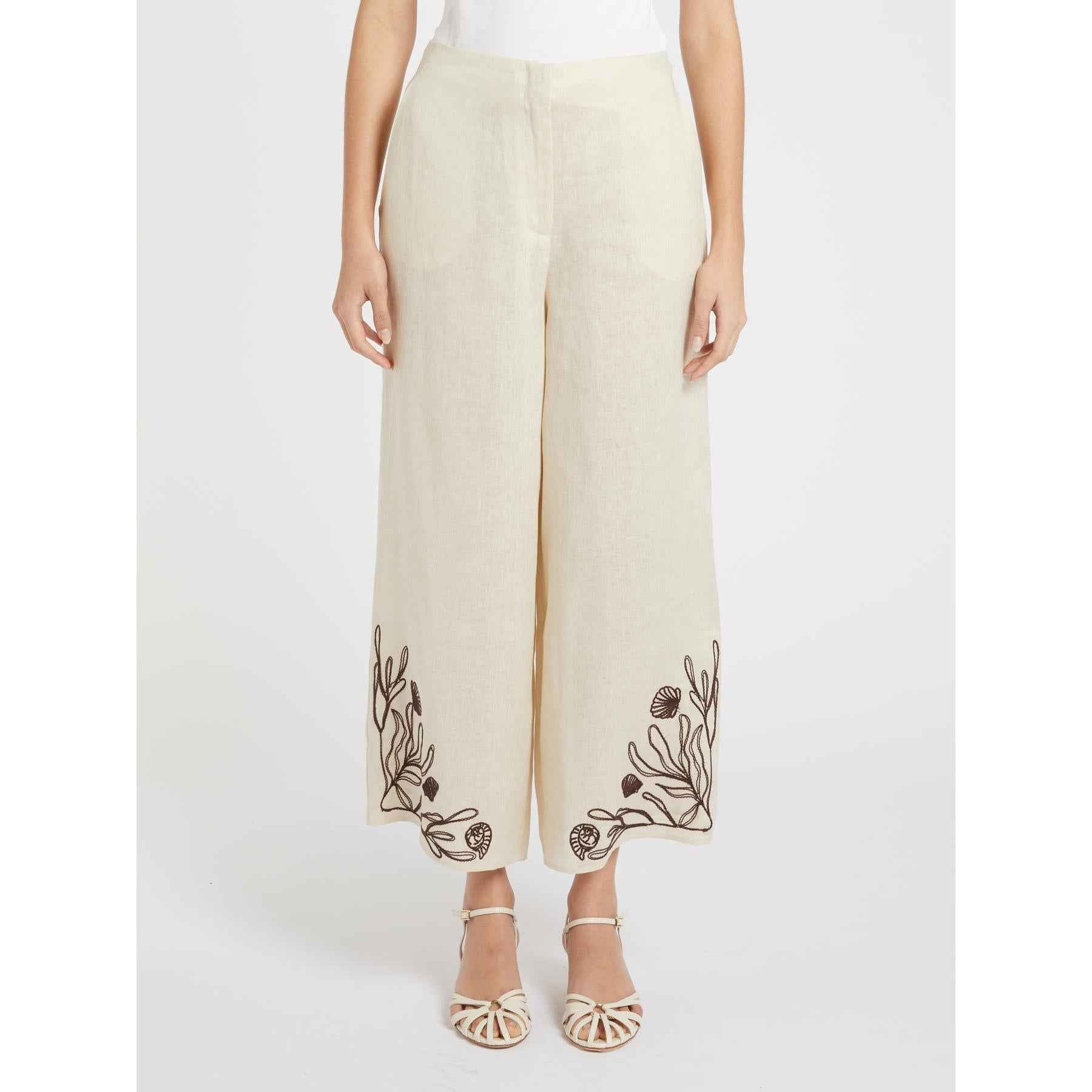 Pantalone Donna Avorio Lino Filo ricamo MARELLA - Modalternativa